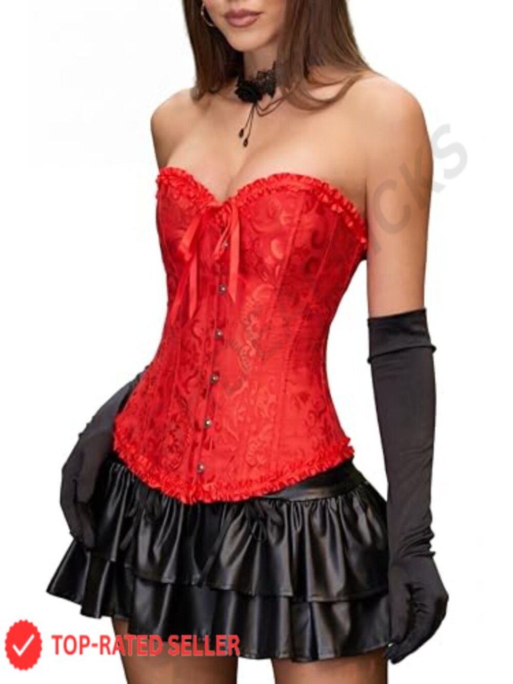 14-Bone Overbust Corset Top Ruffled Hem Lace-Up Bustier